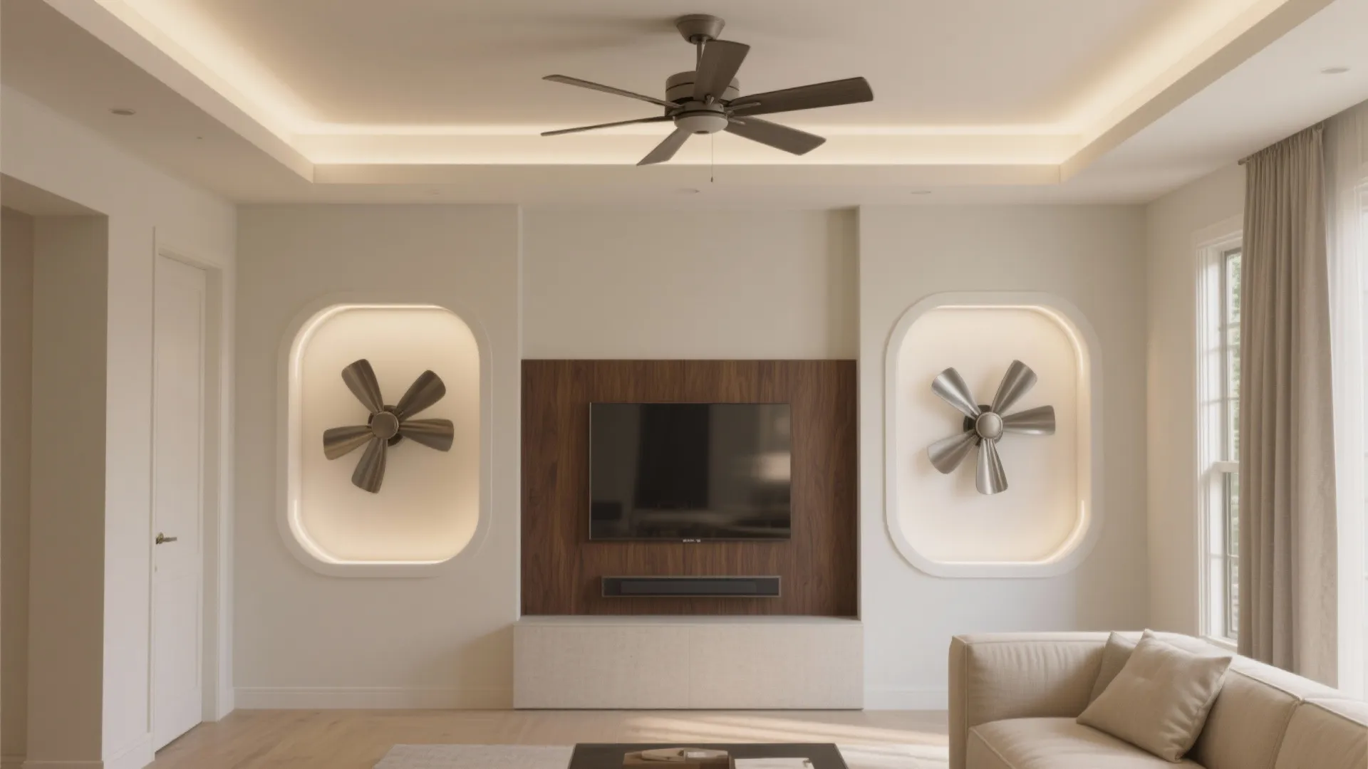 Living room with television wood wall panel ceiling fan and two decorative round fan wall lights