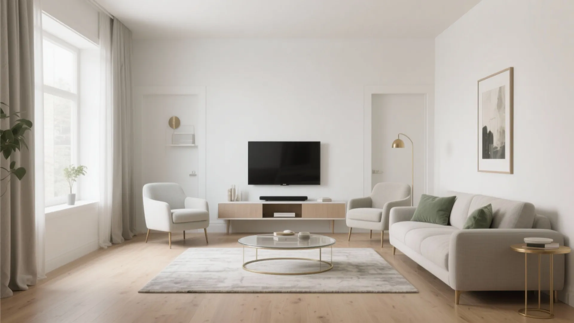 Symmetrical living room design with two armchairs a central sofa coffee table and wall mounted television