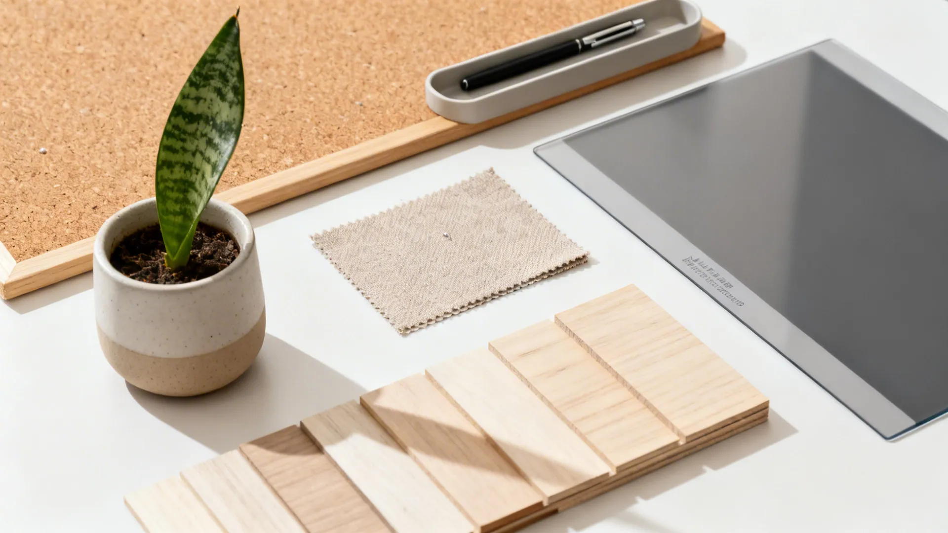 Flat lay of a plant, pen tray, pinboard fabric, and pale wood desktop sample.