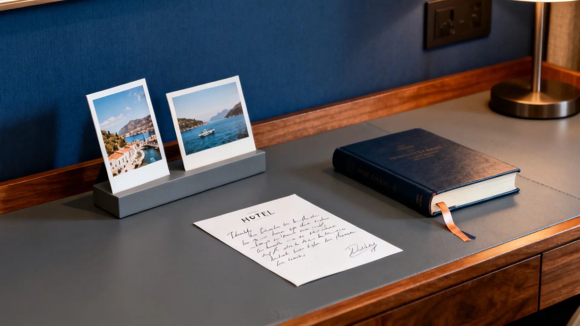Minimal hotel desk with two travel photos, a handwritten note, and a hardcover book as a meaningful gesture.