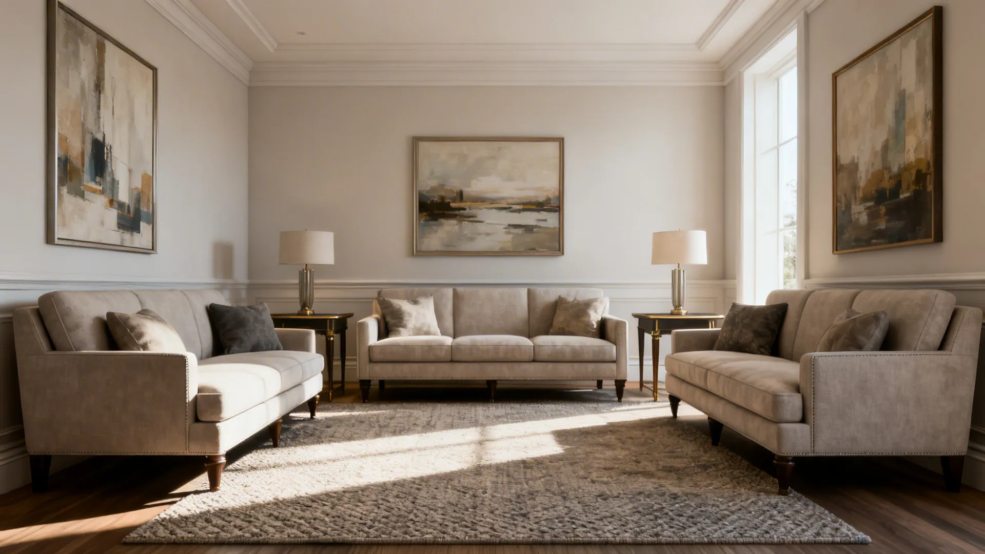 Symmetrical living room with couch and centered loveseat with matching side tables and calm lighting