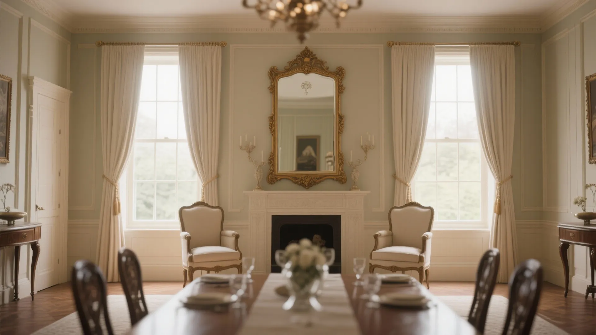 Elegant dining room with fireplace, gold mirror, two armchairs, long table, windows, and light curtains
