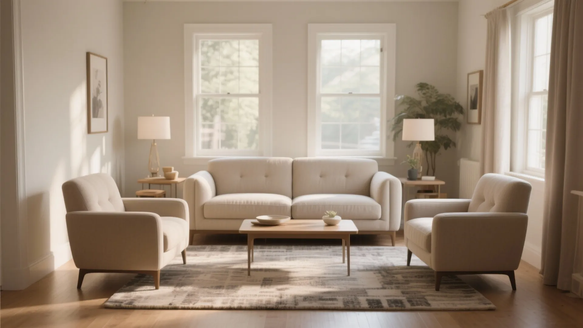 Symmetrical living room layout with cream sofa two armchairs wooden coffee table and two table lamps