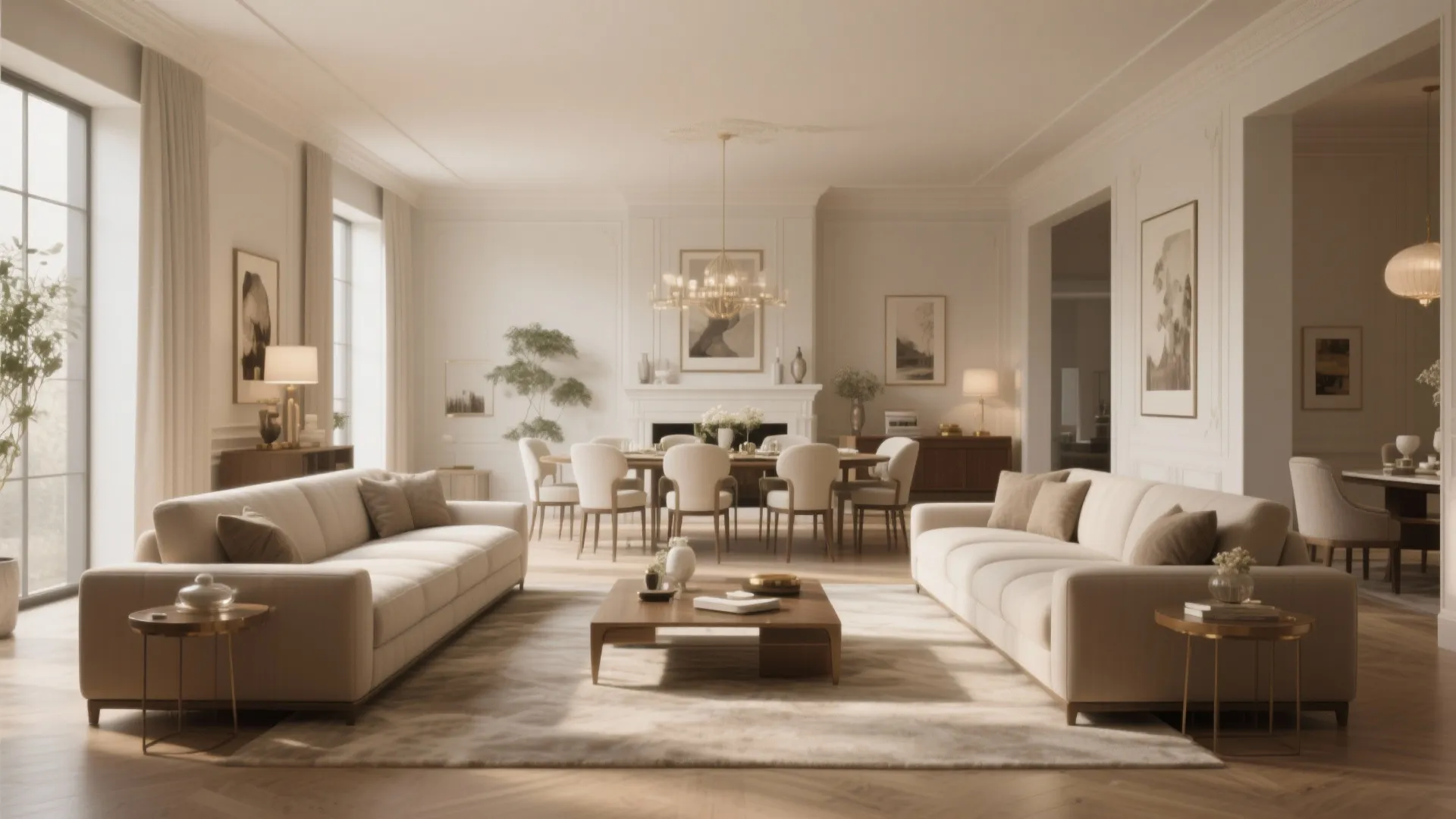 Symmetrical living room design with two cream sofas facing a coffee table and dining area