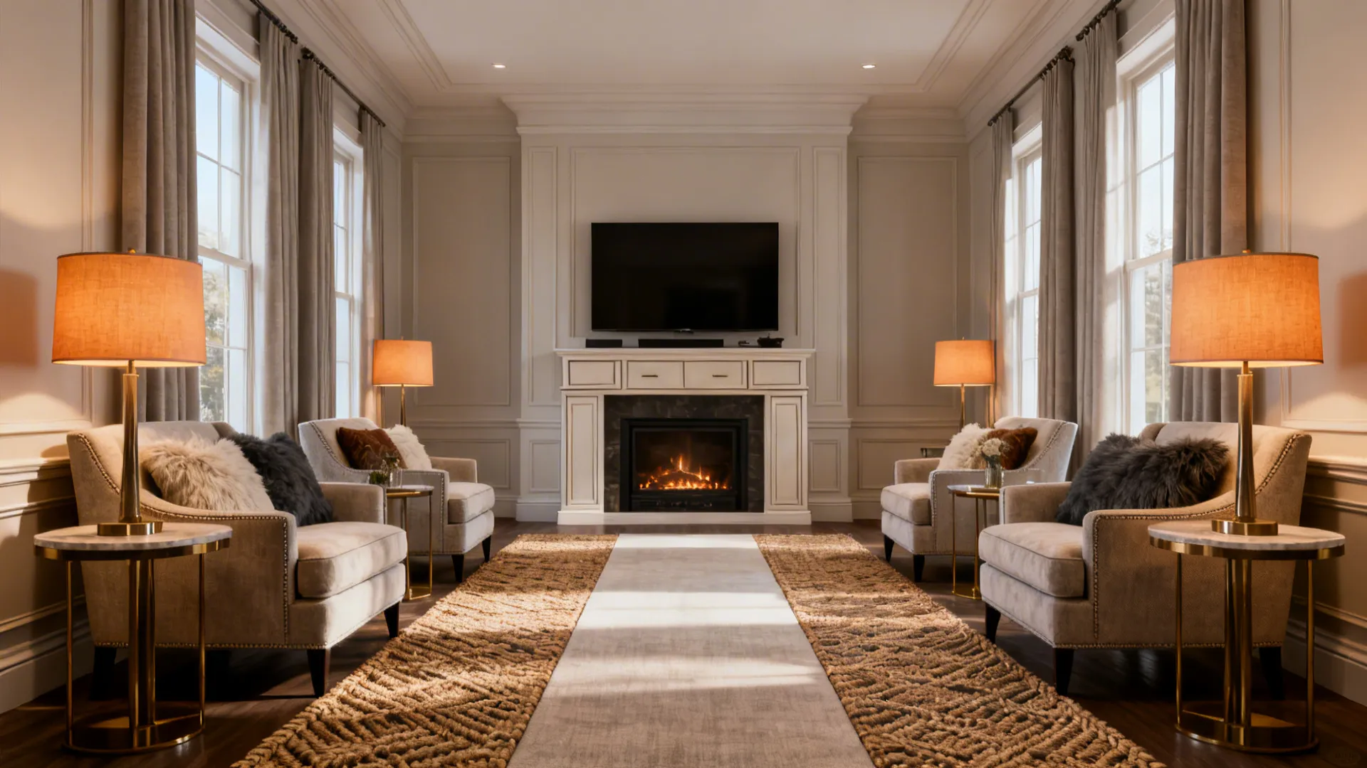Symmetrical living room featuring white fireplace under wall TV with four armchairs and gold lamps