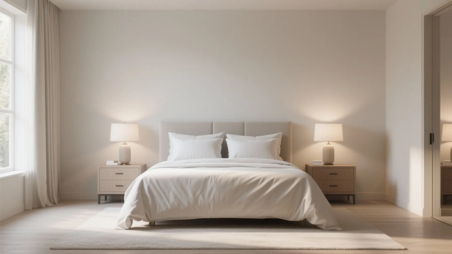 Symmetrical bedroom design with two bedside tables and lamps next to a large white bed