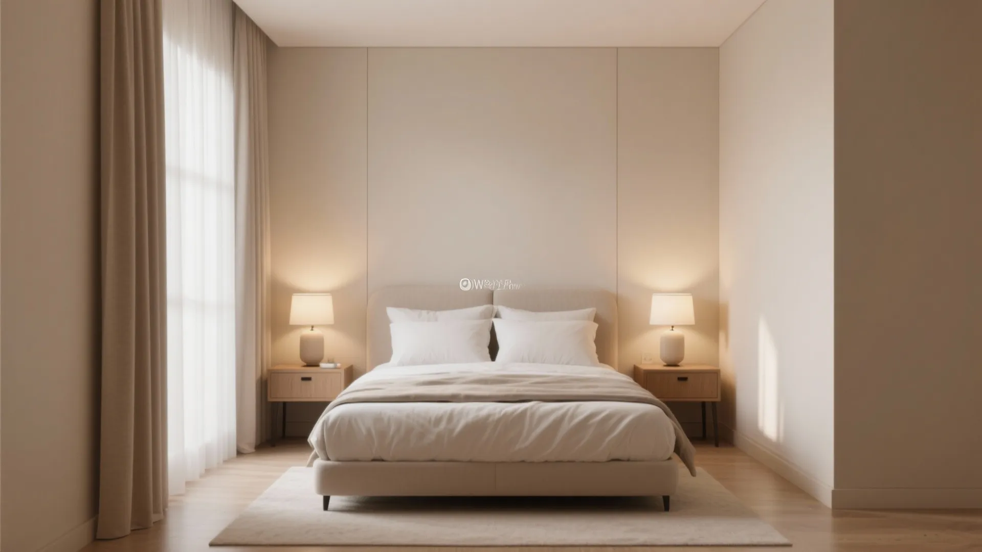 Small bedroom with symmetrical nightstands and lighting