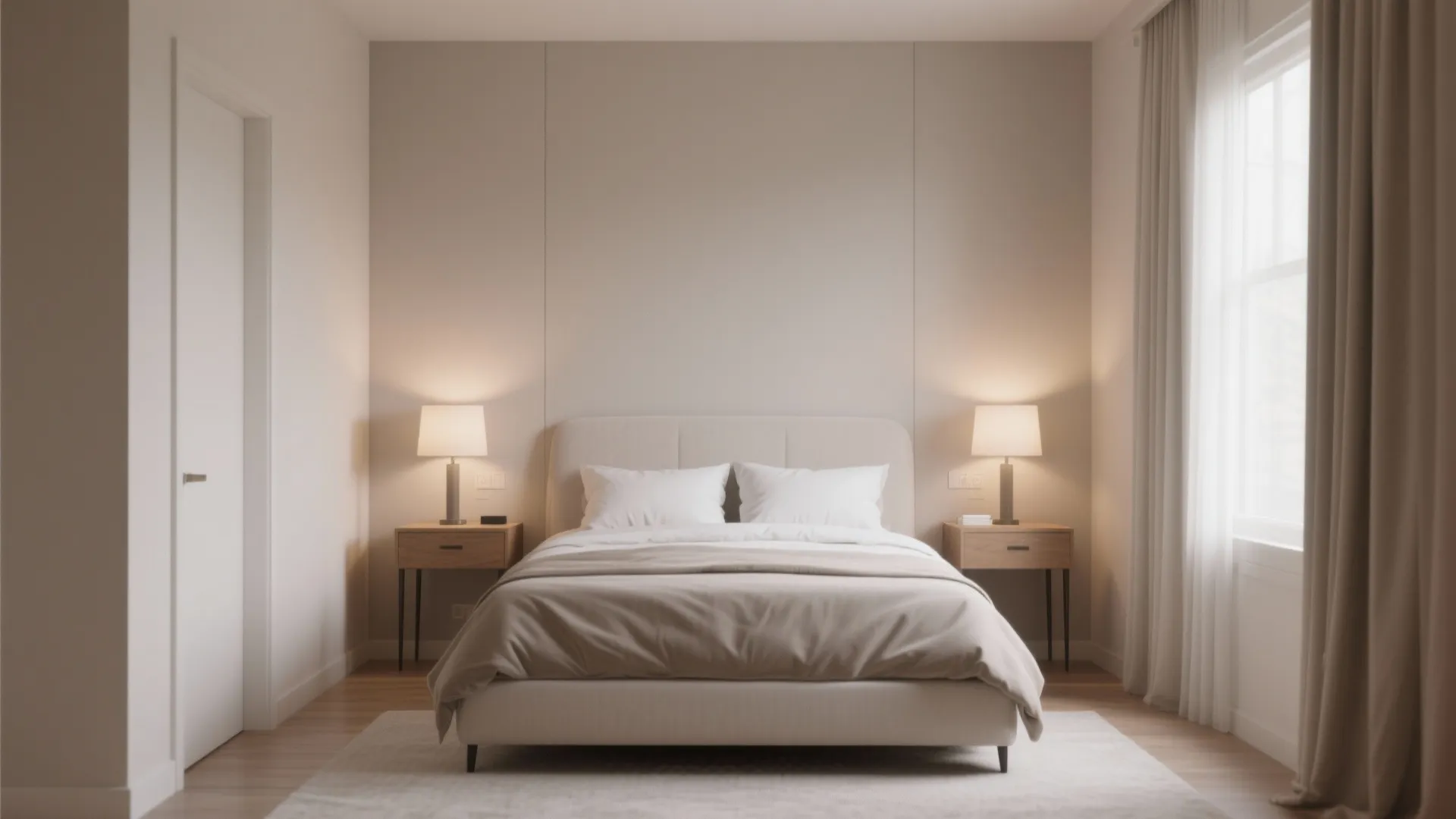 Small bedroom with symmetrical nightstands and lamps