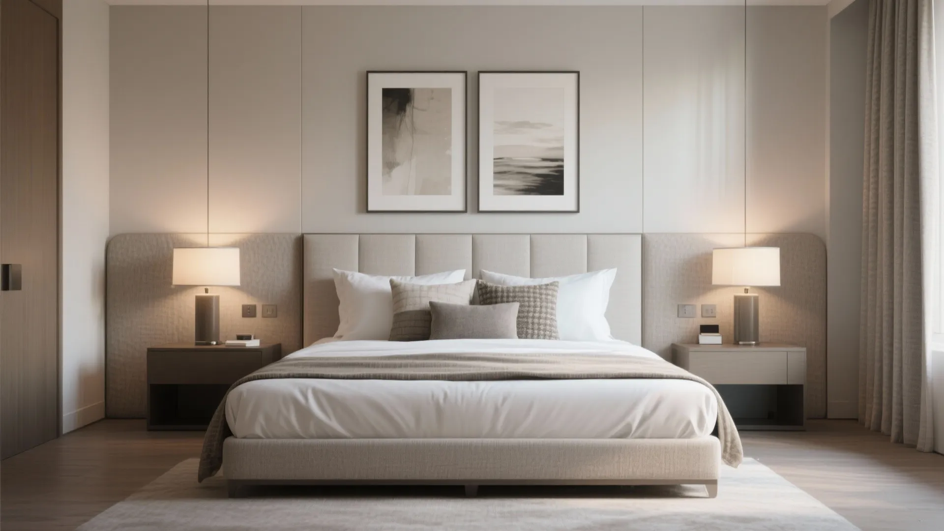 Symmetrical square bedroom with centered bed, matching lamps and artwork creating a calm feel