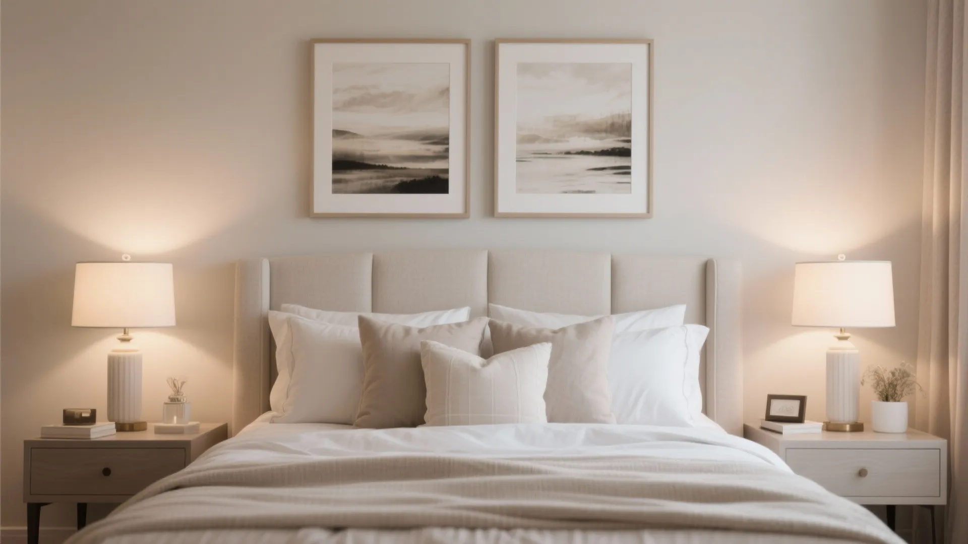 Symmetrical bedroom decor with matching lamps and art