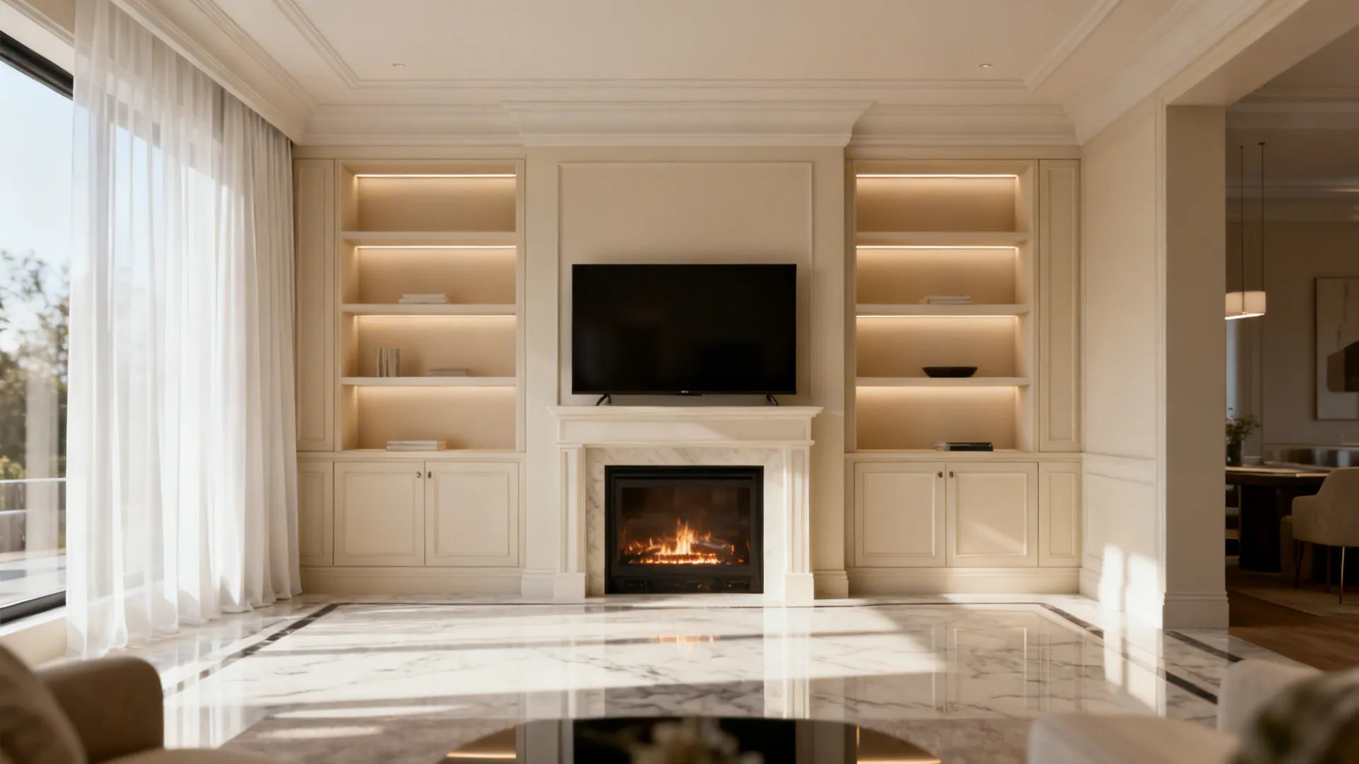 Symmetrical built-in cabinets flanking an electric fireplace with a TV above, featuring integrated lighting and shallow shelving
