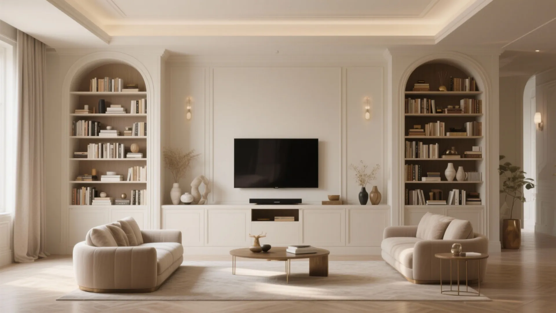 Elegant white living room with symmetrical arched bookshelves flanking a central television and beige sofas