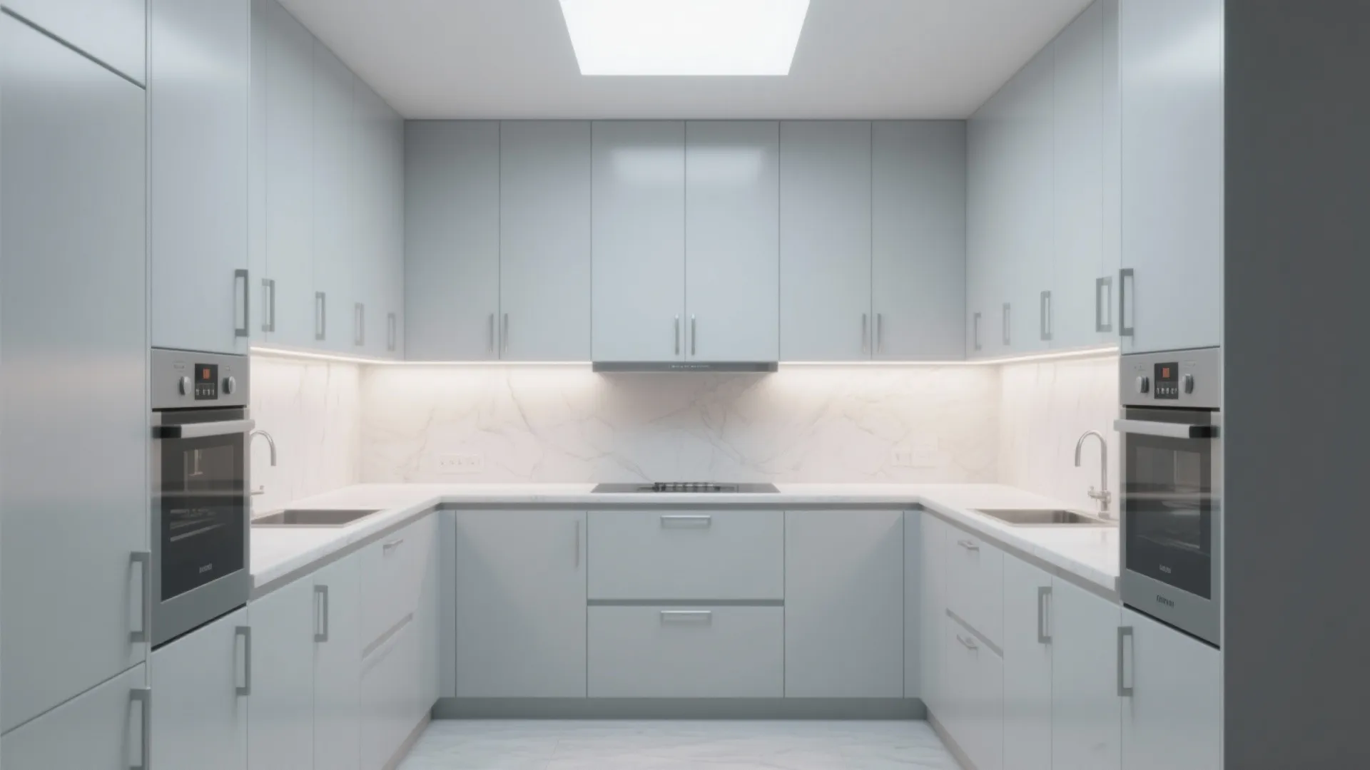 Modern white kitchen with symmetrical cabinets integrated ovens marble backsplash and bright ceiling light fixture design