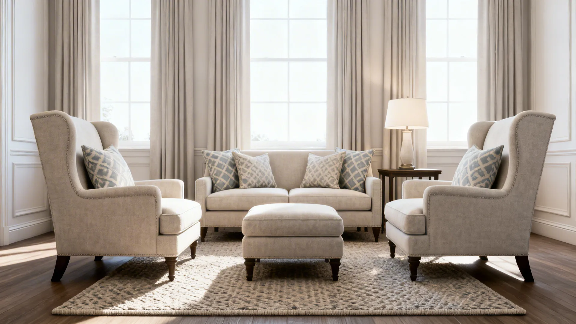 Two matching chairs facing a small sofa across a rug creating a balanced and open seating arrangement.