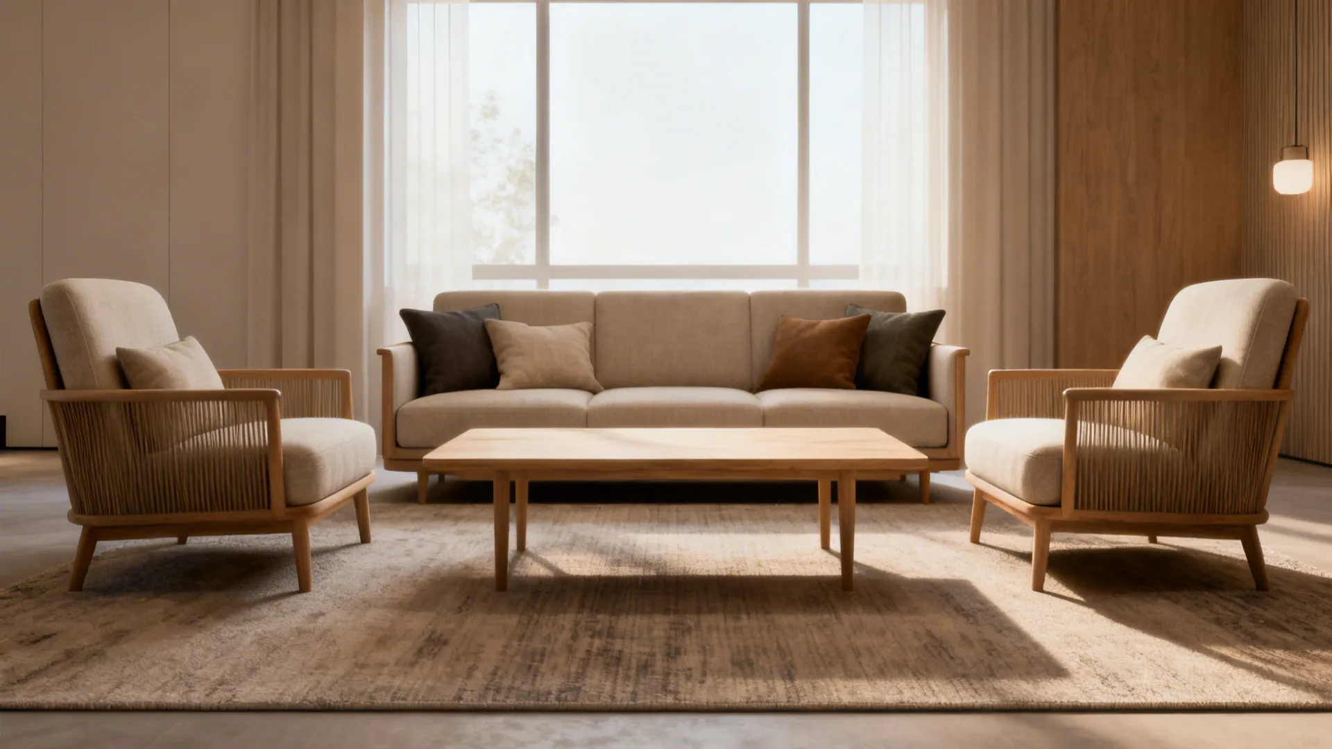 Symmetrical small living room with sofa and two identical chairs facing a coffee table on a low-profile rug.