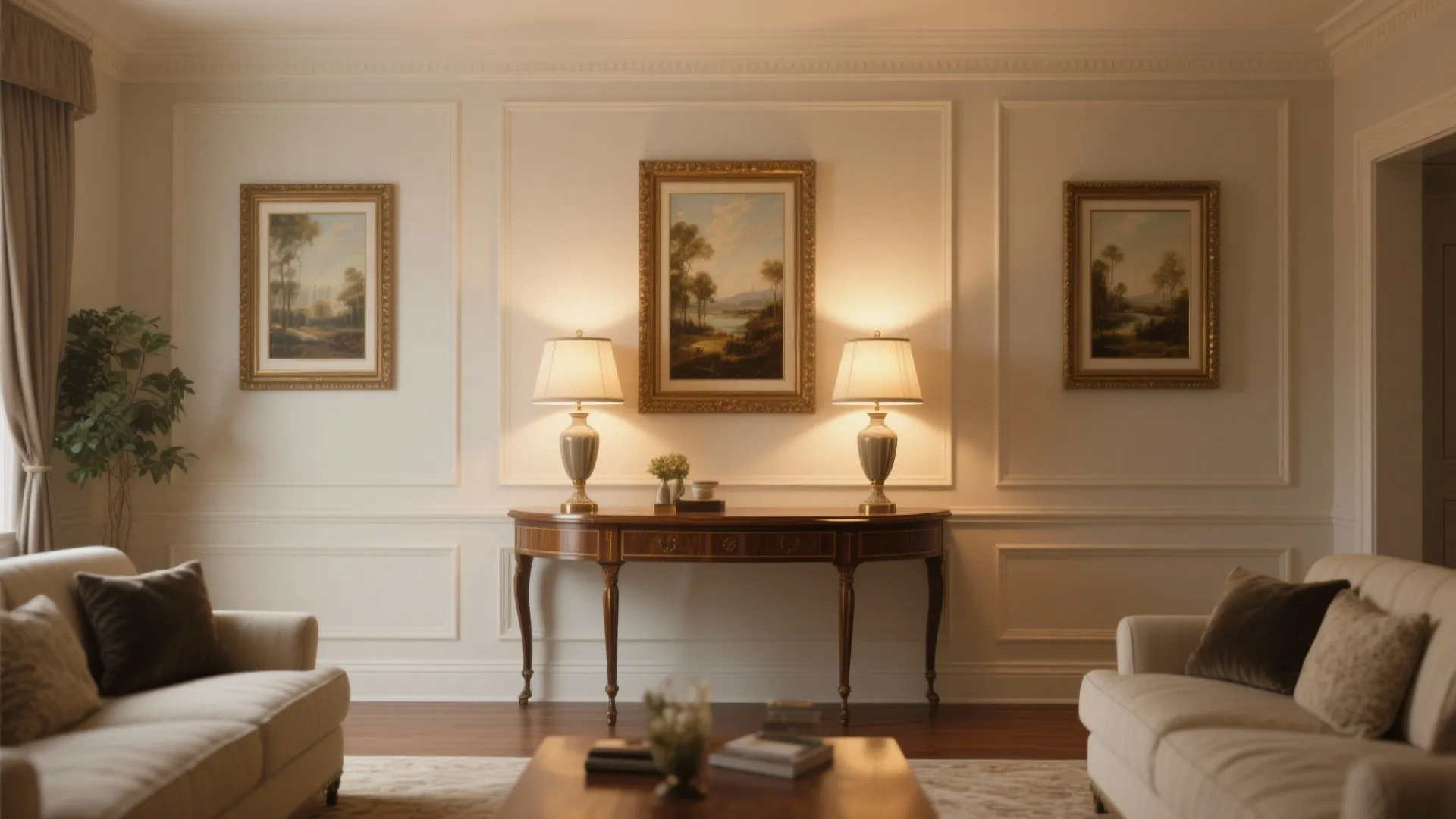 Symmetrical console styling with twin lamps and framed art