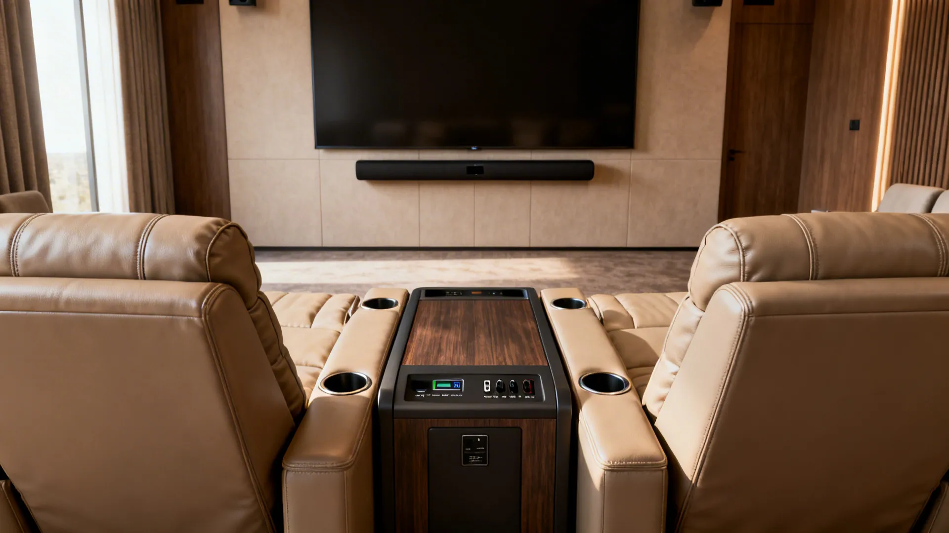 Symmetrical reclining sectional with a center console featuring cupholders and USB ports in a media room.