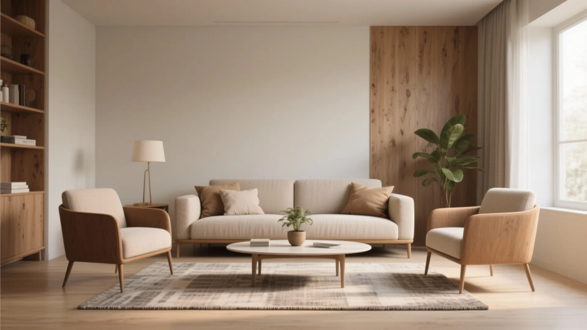 Minimalist living room with beige sofa two wooden armchairs coffee table rug and large green plant