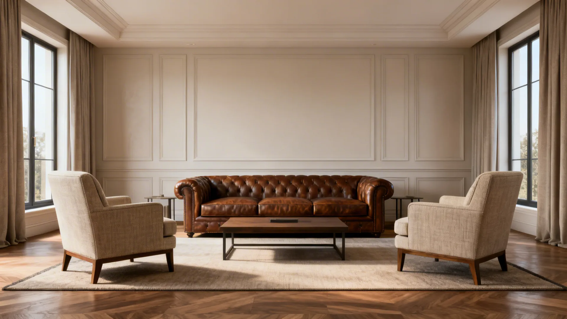 Symmetrical sofa and two identical chairs facing each other with a central coffee table and low rug