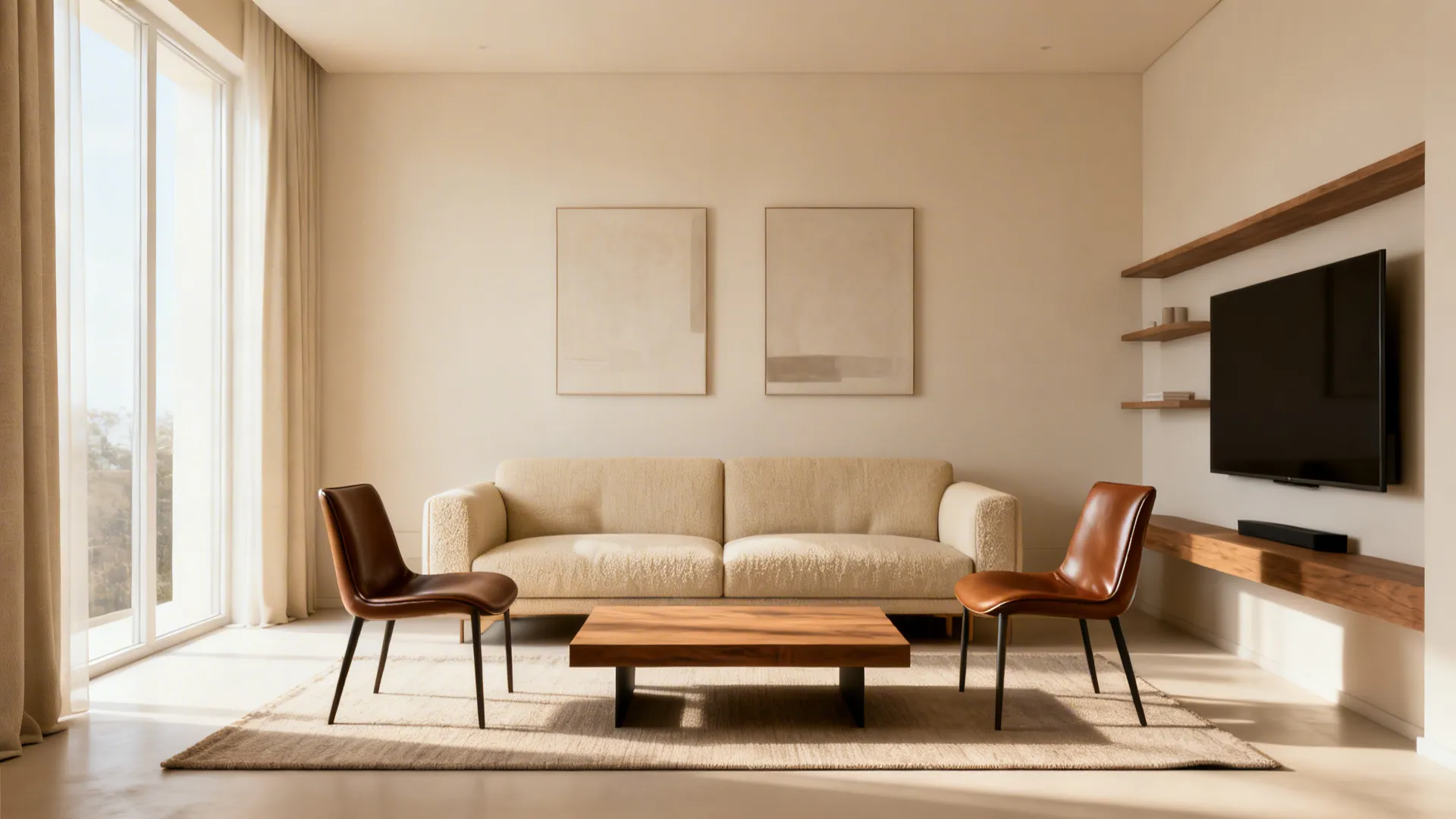 Symmetrical small living room with sofa and two chairs facing each other across a low coffee table.