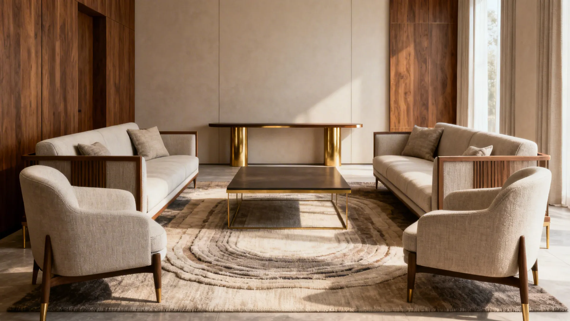 Symmetrical seating with two slim sofas facing one another and chairs at the ends, creating a sociable zone.