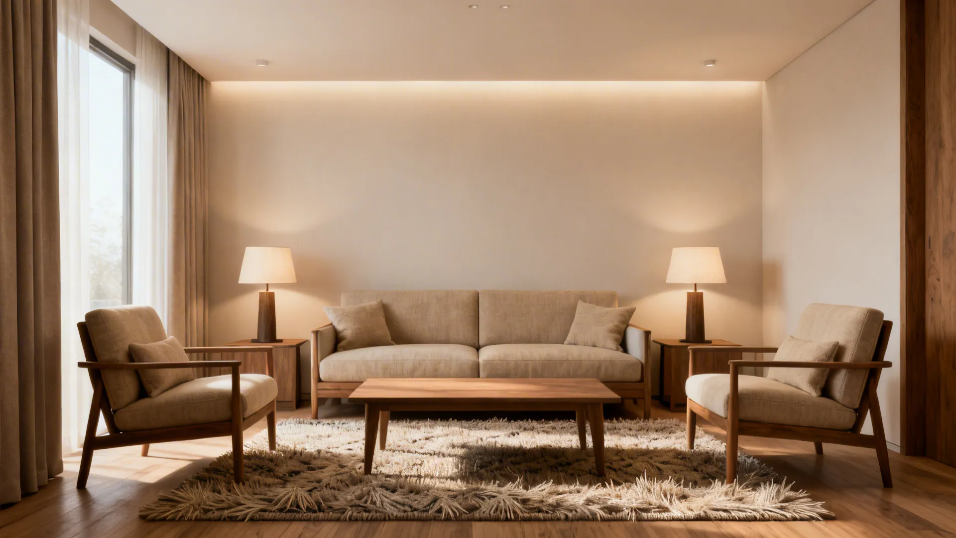 Symmetrical seating with a couch facing two chairs and a central coffee table on a textured rug.