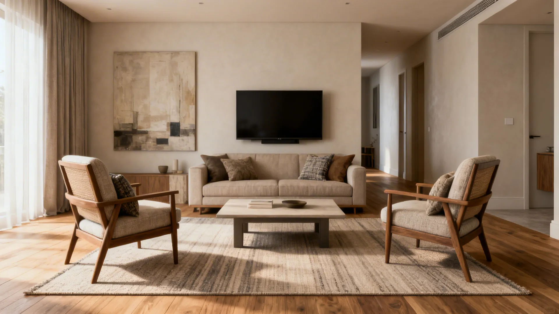 Symmetrical living room with sofa facing focal wall and two matching chairs around a central coffee table on a unifying rug.