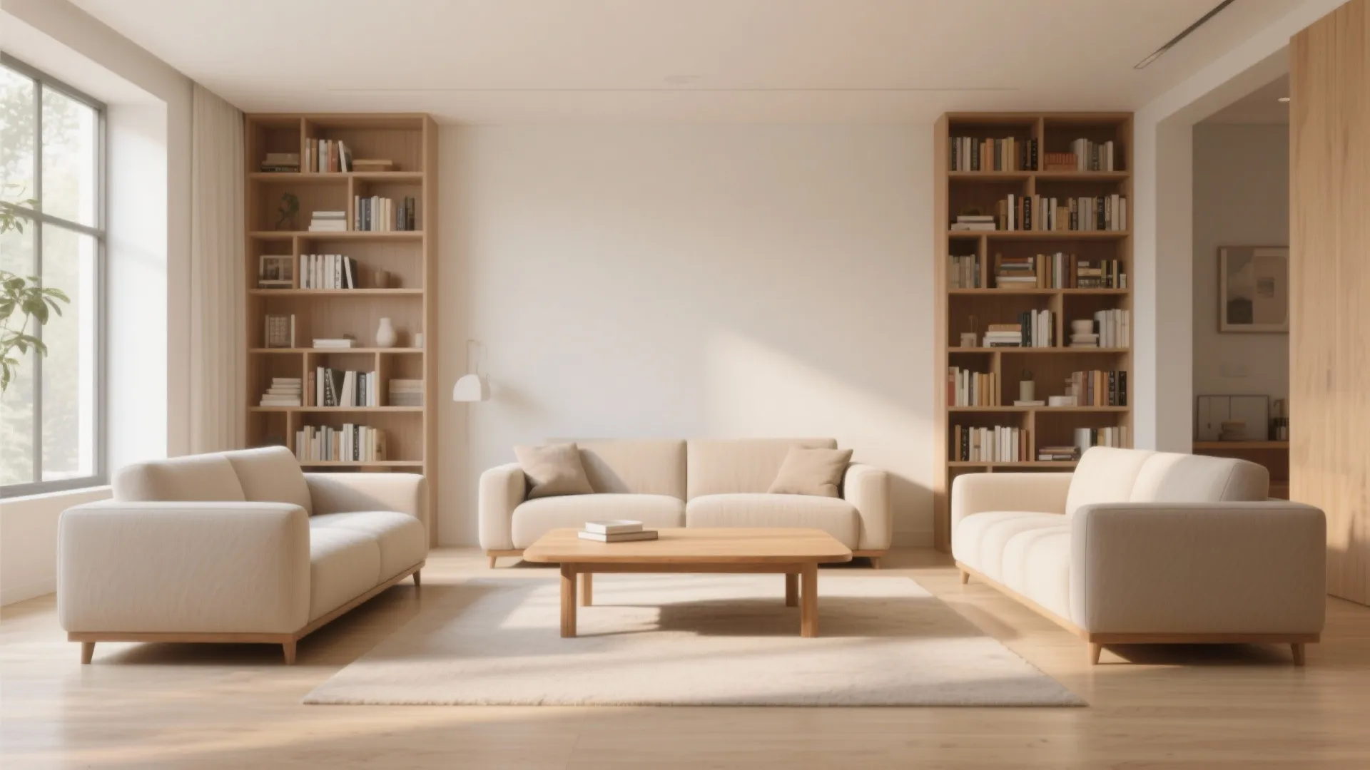 Symmetrical living room design with three beige sofas wooden coffee table and two tall bookshelves