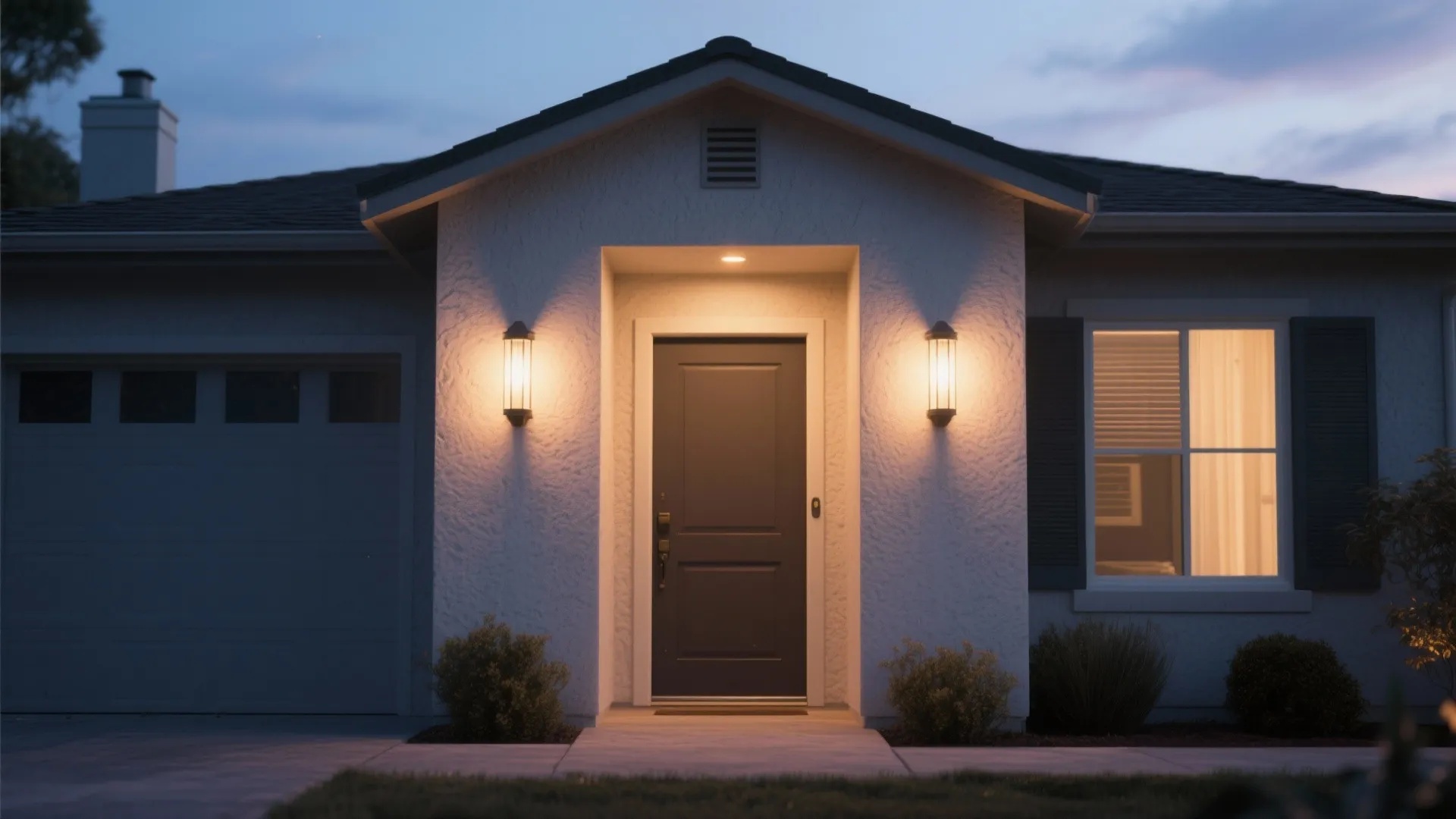 Modern front door flanked by two warm wall lights on a white house exterior wall