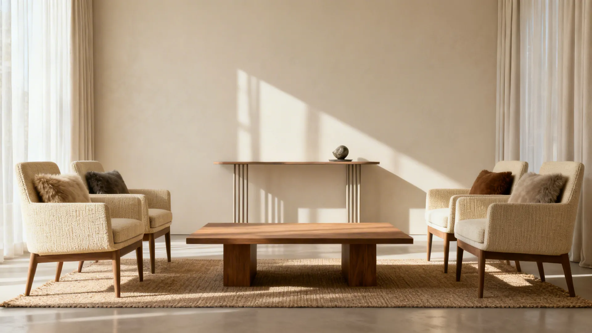 Symmetrical living room with four cream chairs facing a wooden table on a brown rug