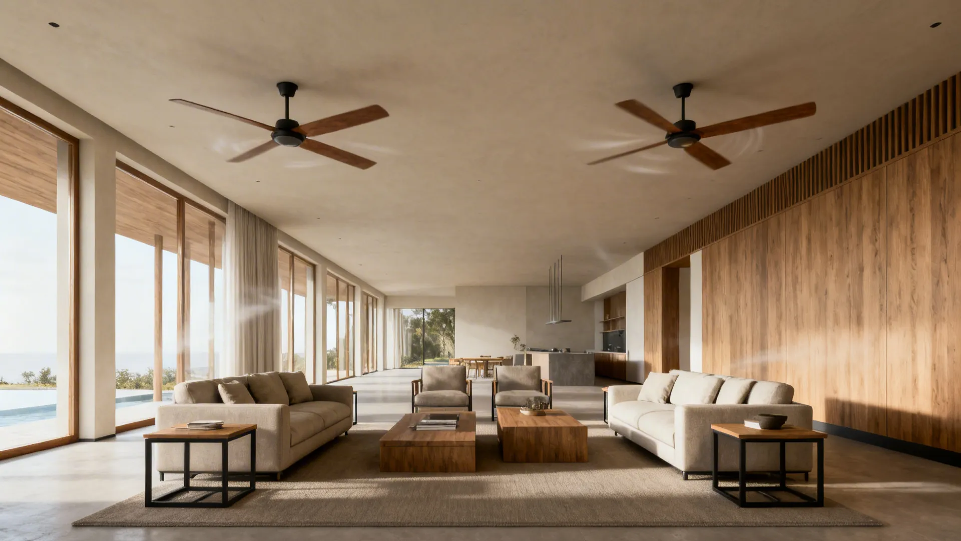 Long living room with two ceiling fans symmetrically placed above seating for even airflow.