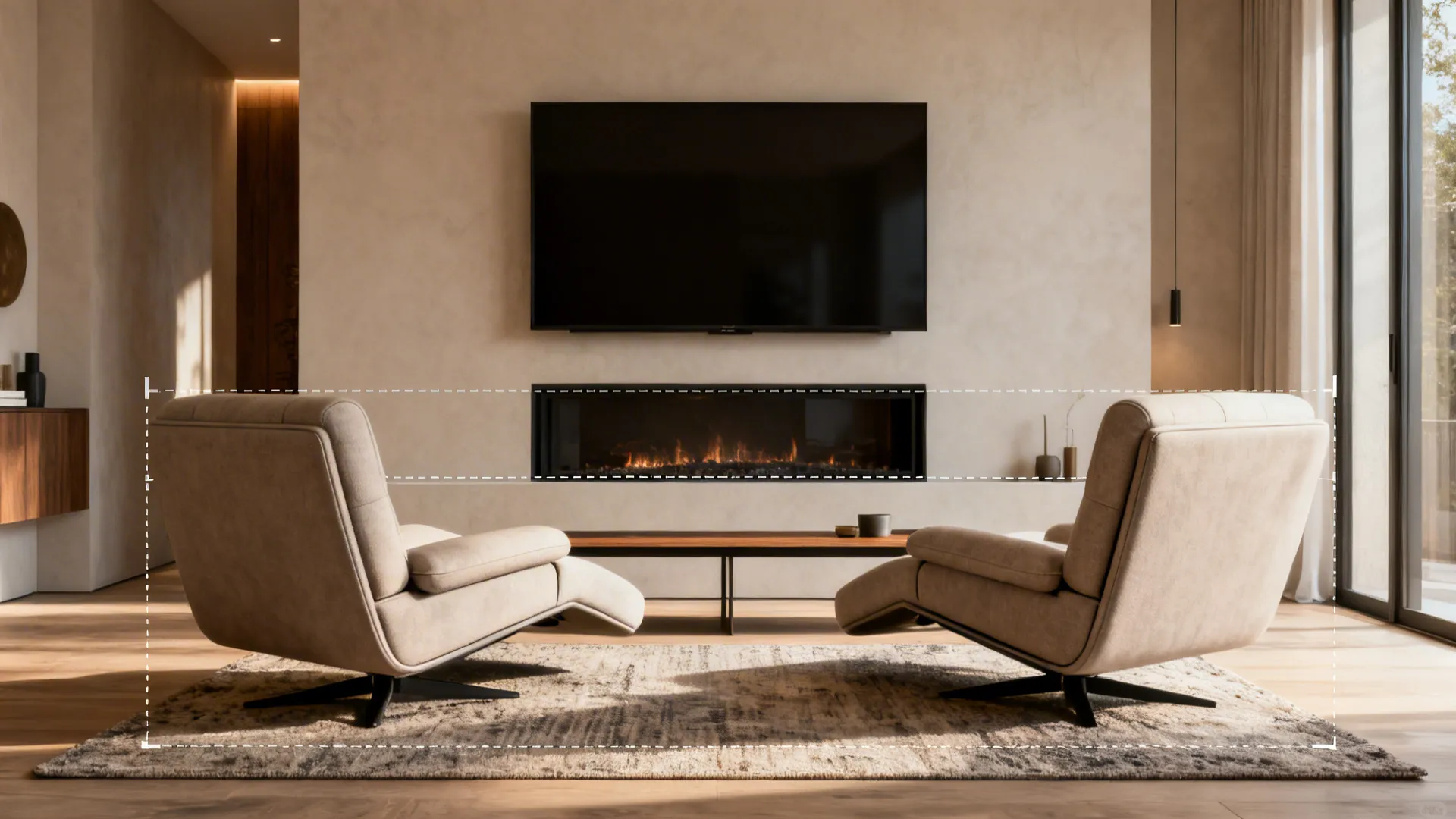 Two recliners symmetrically placed facing a fireplace with a narrow console table between them