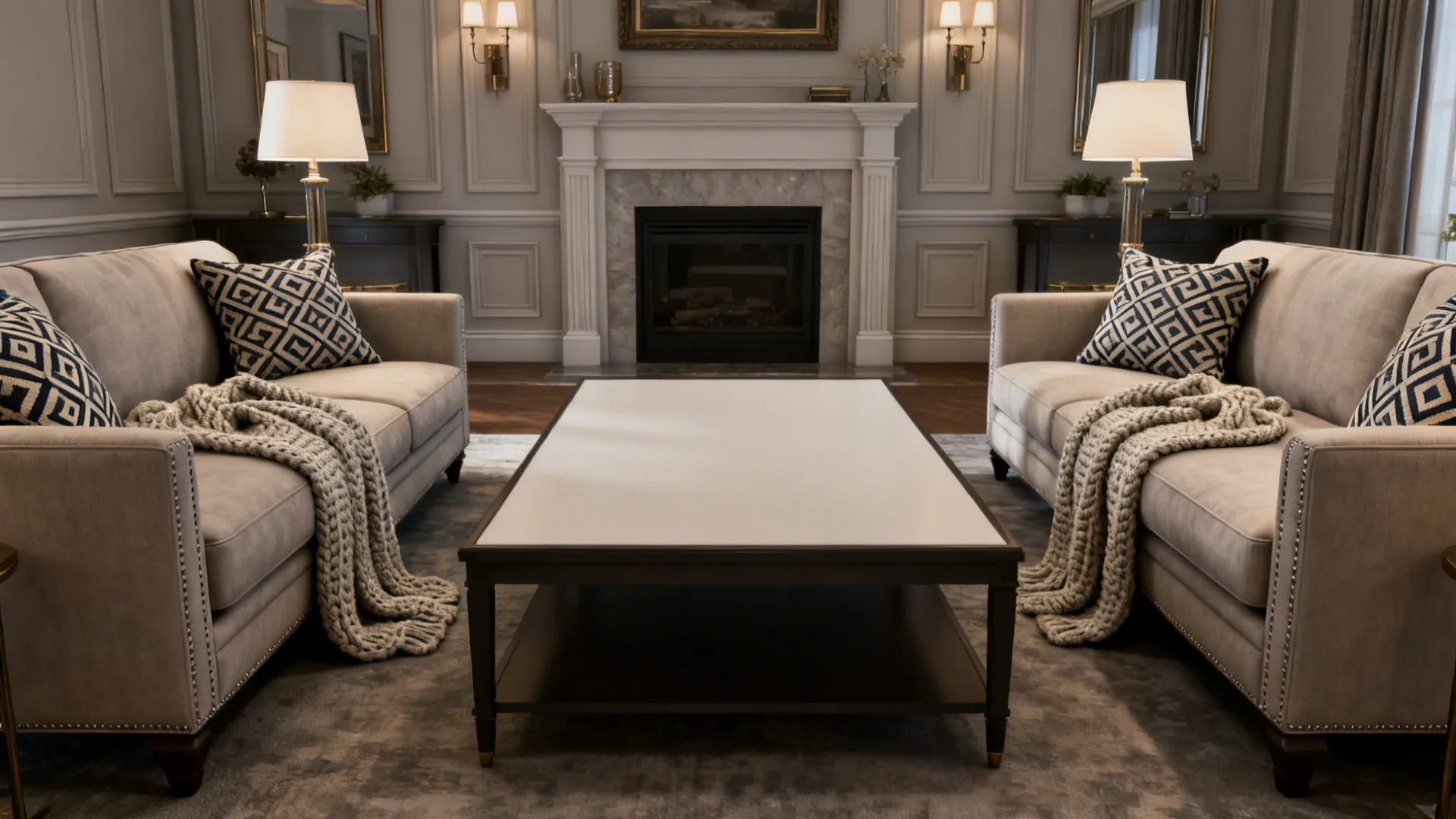 Formal symmetrical living room with matching seating and softened textures