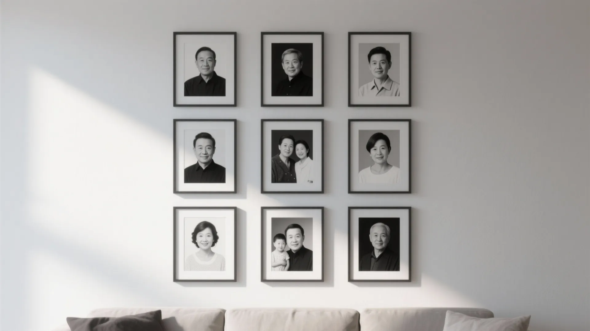 Wall display showing a nine frame symmetrical grid of black and white family portrait photos
