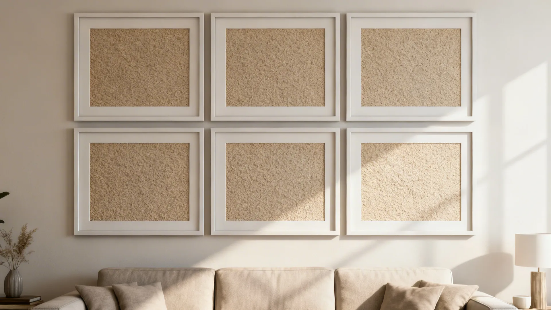 Six white picture frames in symmetrical grid layout hanging above a beige living room sofa