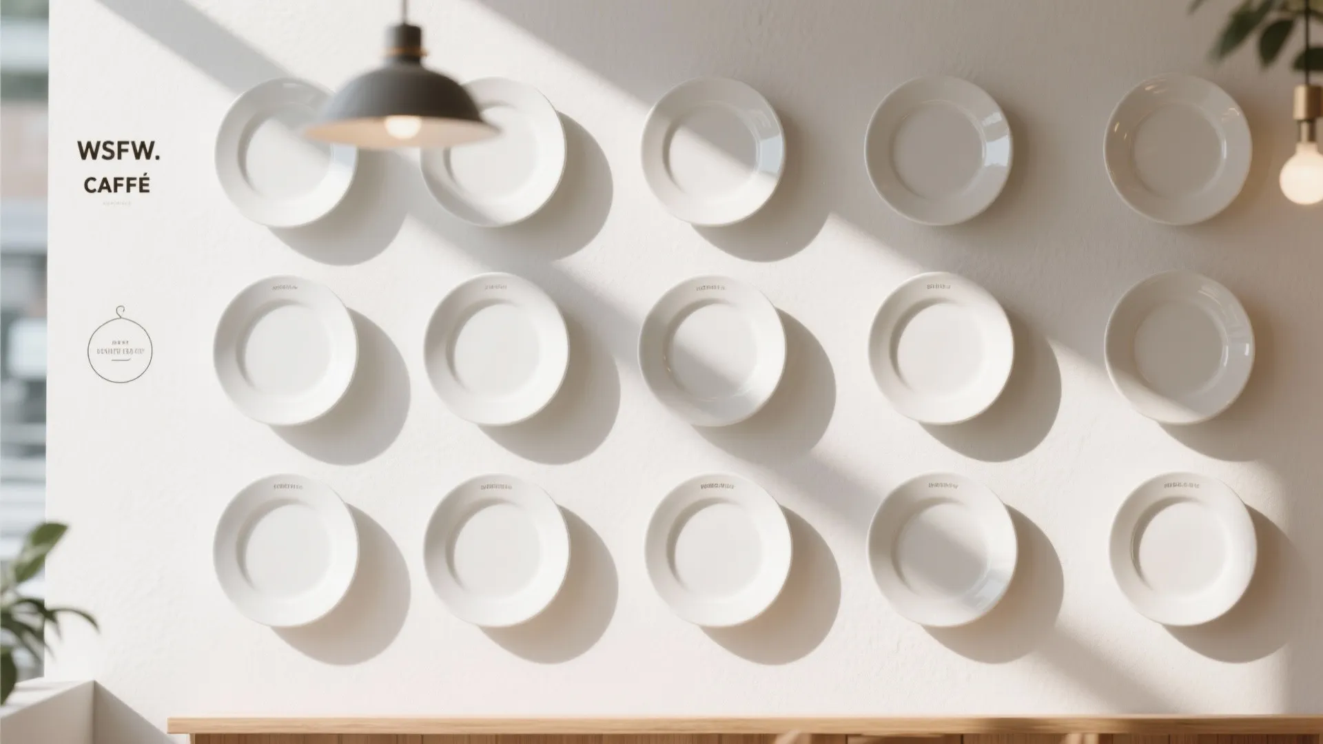 Minimalist wall featuring three rows of plain white plates arranged in a symmetrical grid layout