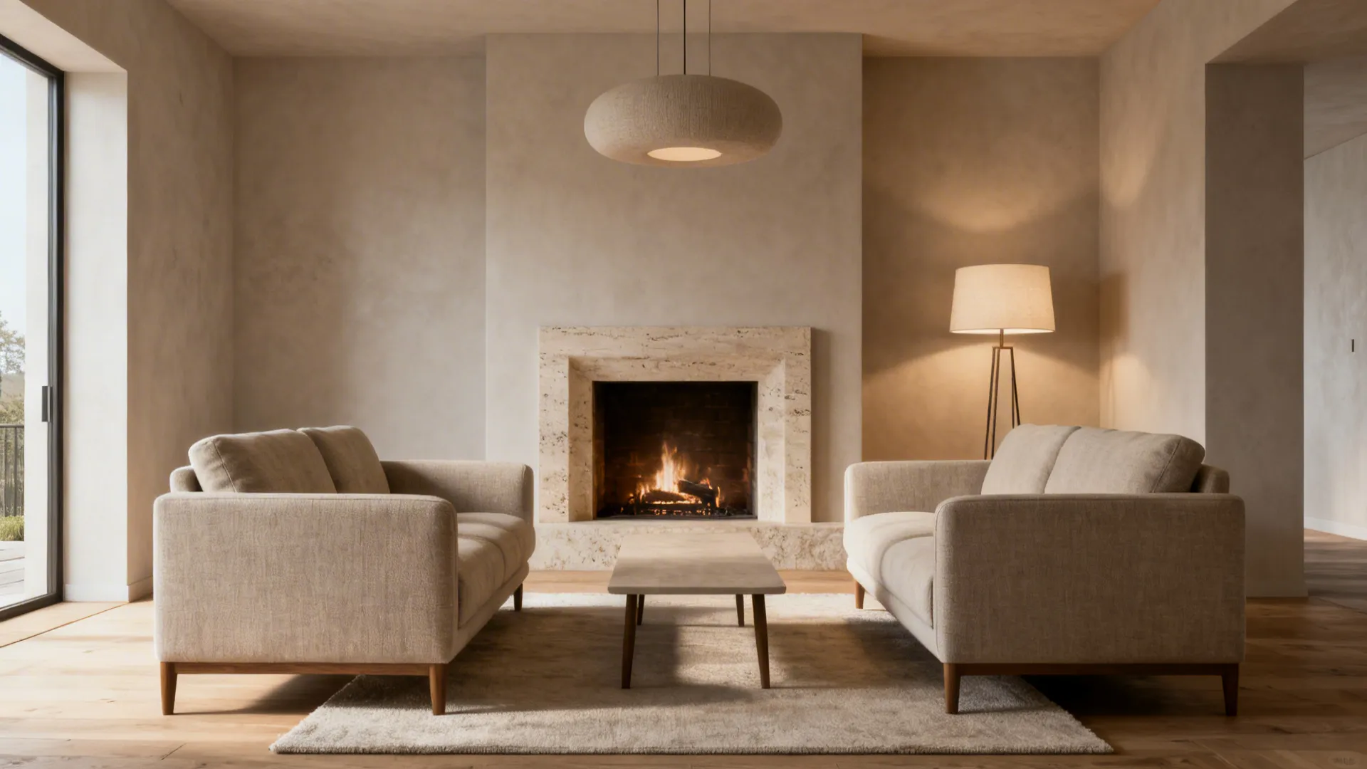 Symmetrical living room featuring two beige sofas facing each other with a stone fireplace and rug