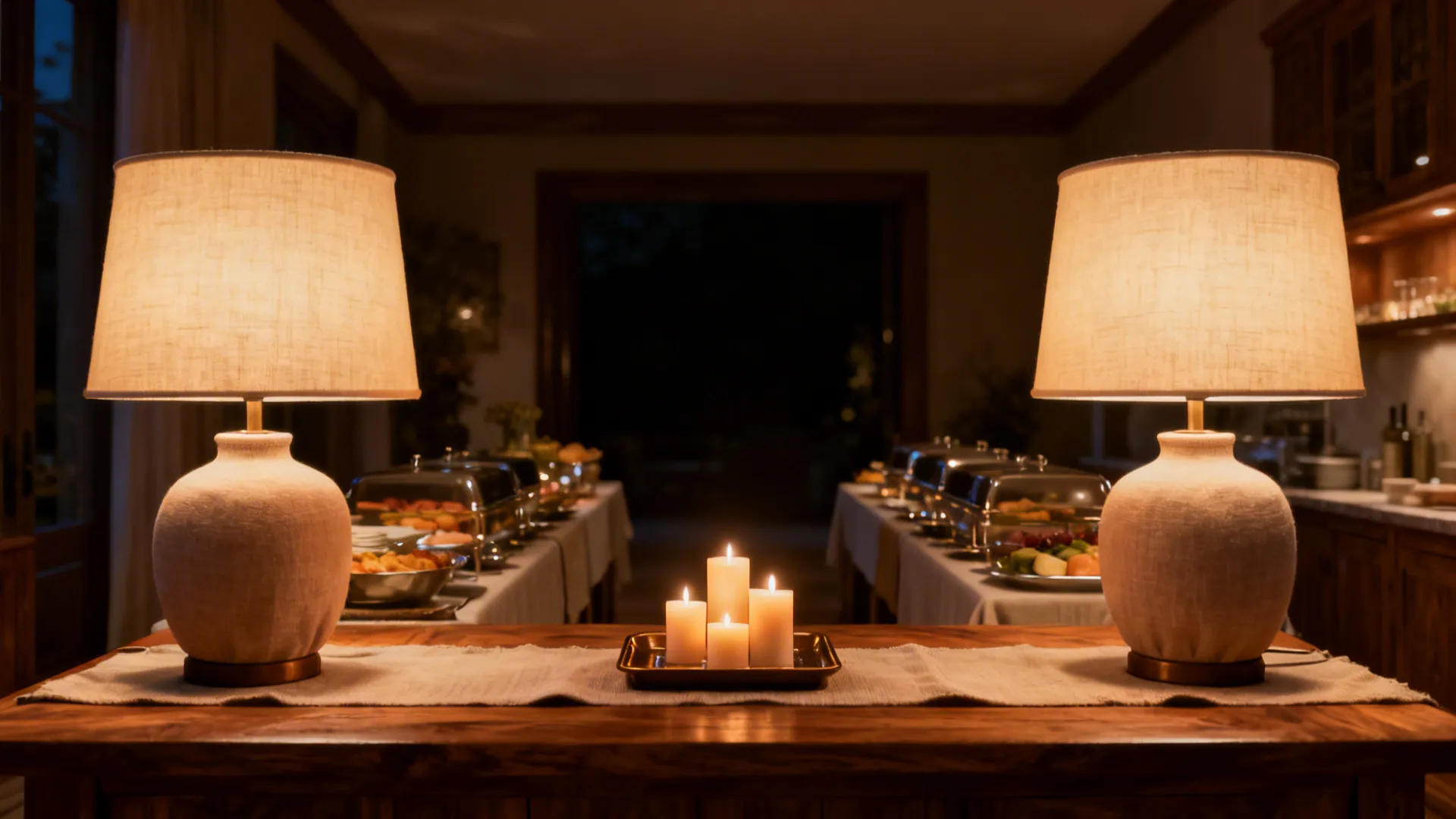 Buffet lit by matching table lamps on each end, creating warm evening ambience.