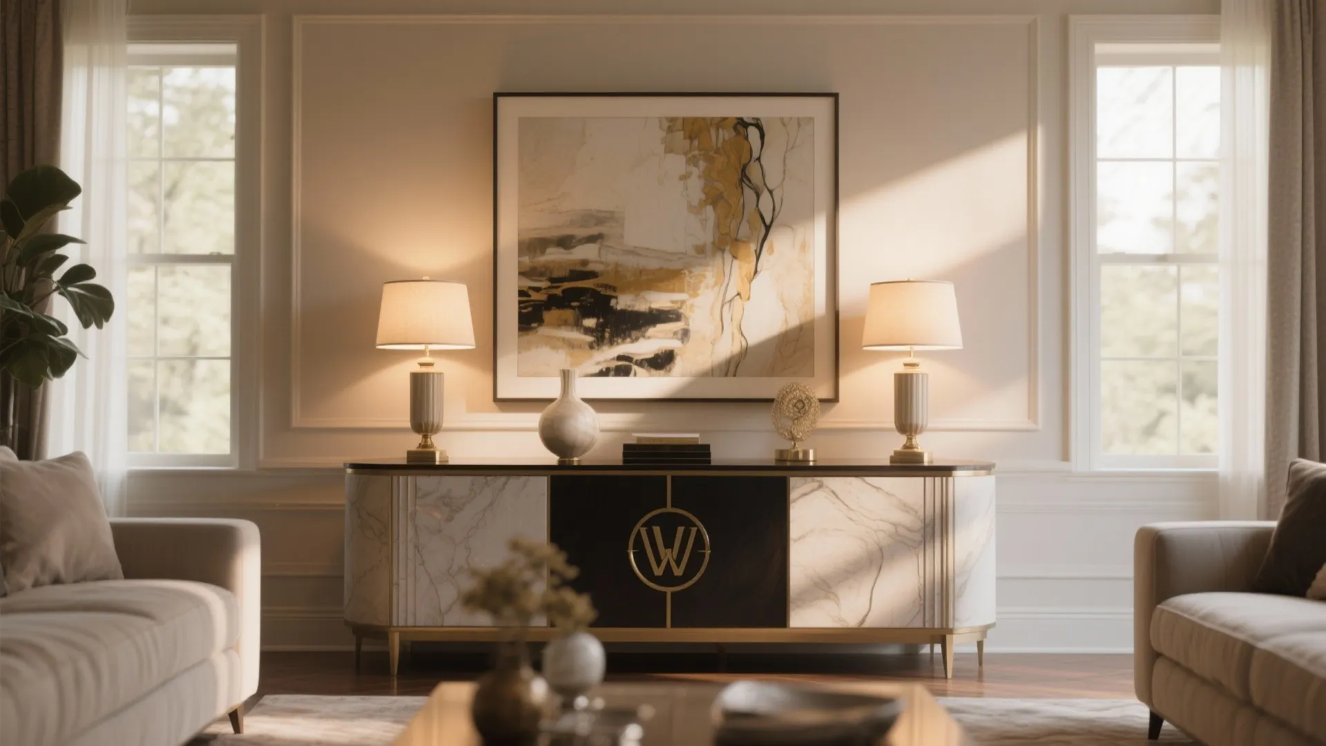 Console table with two matching lamps at both ends