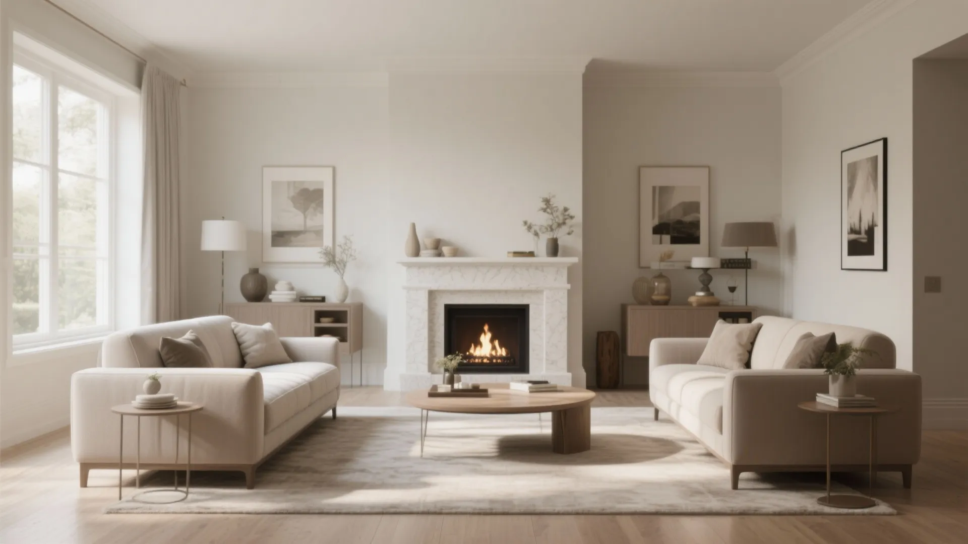 Symmetrical living room design with two cream sofas facing each other and a central fireplace