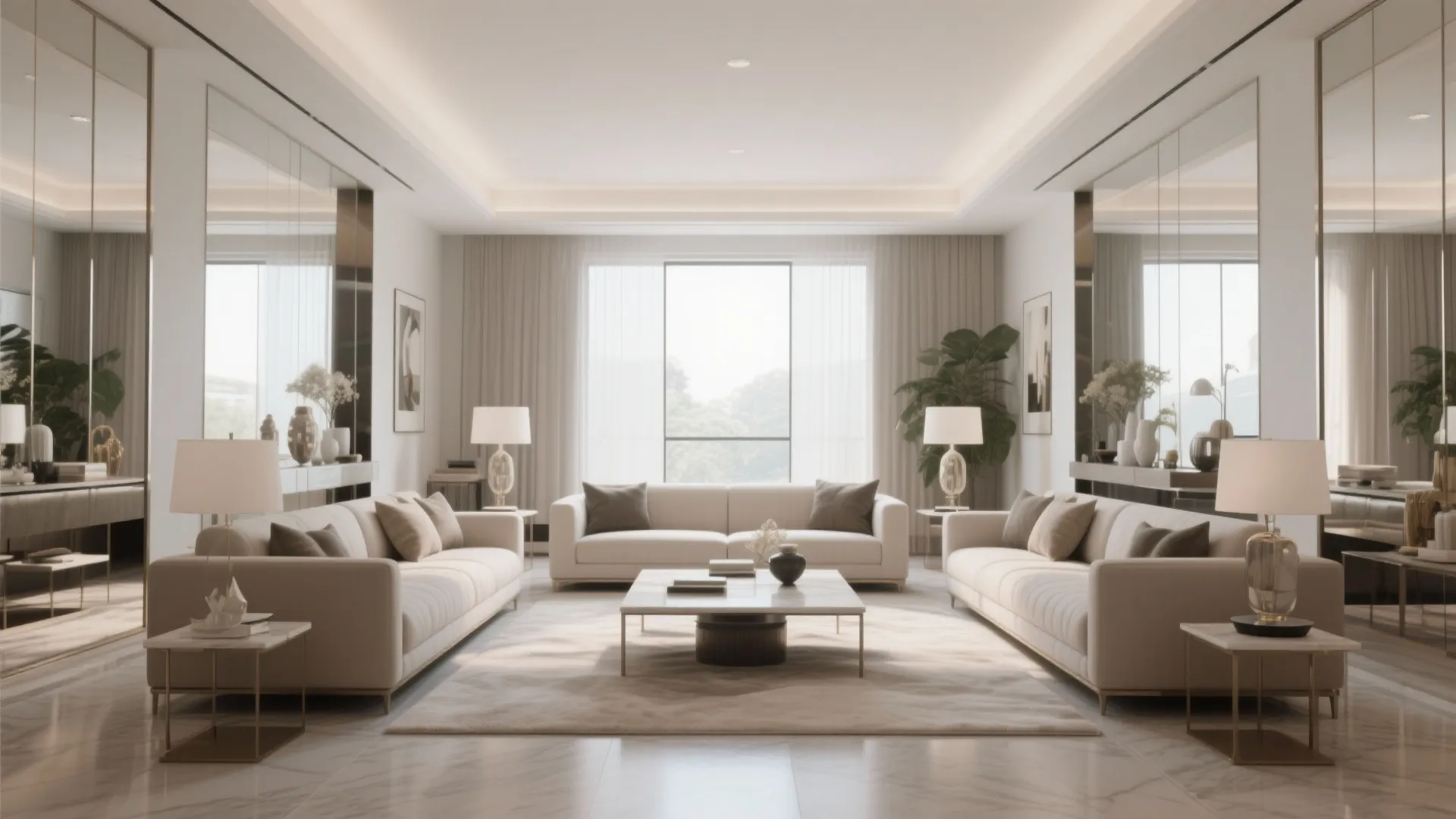 Symmetrical white living room with cream sofas, marble coffee table, large wall mirrors, and lighting