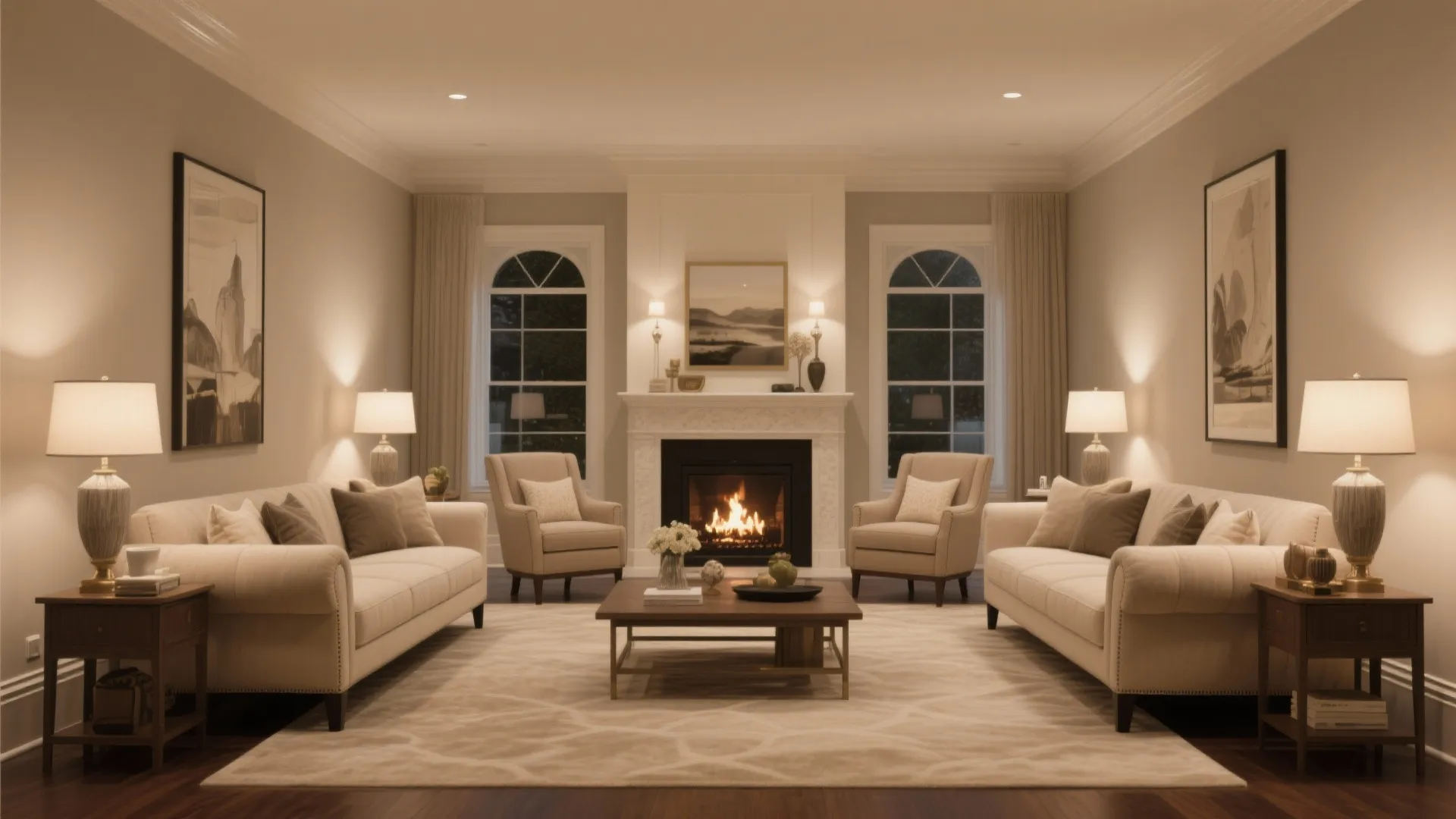 Symmetrical living room featuring two white sofas facing a central fireplace with warm interior lamps