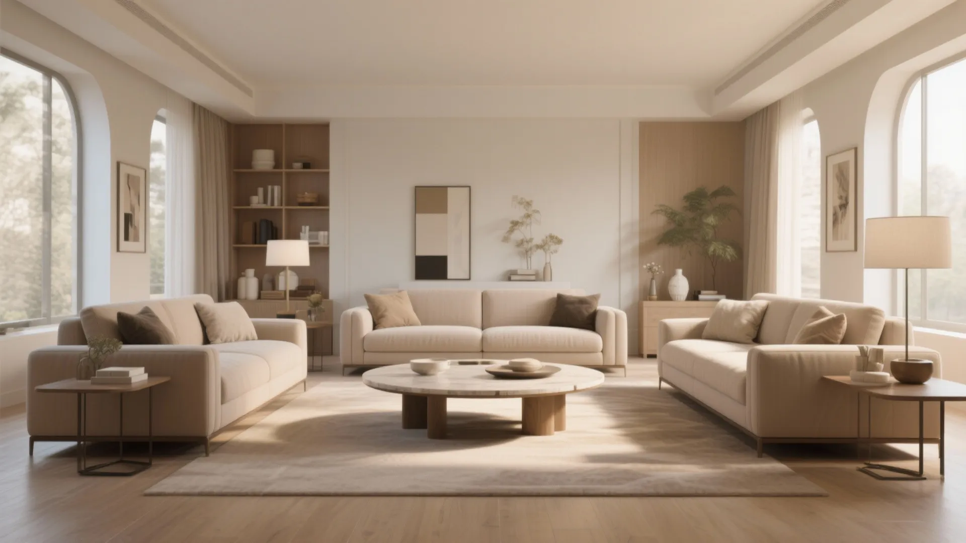 Symmetrical living room layout with three beige sofas around a round wooden coffee table design