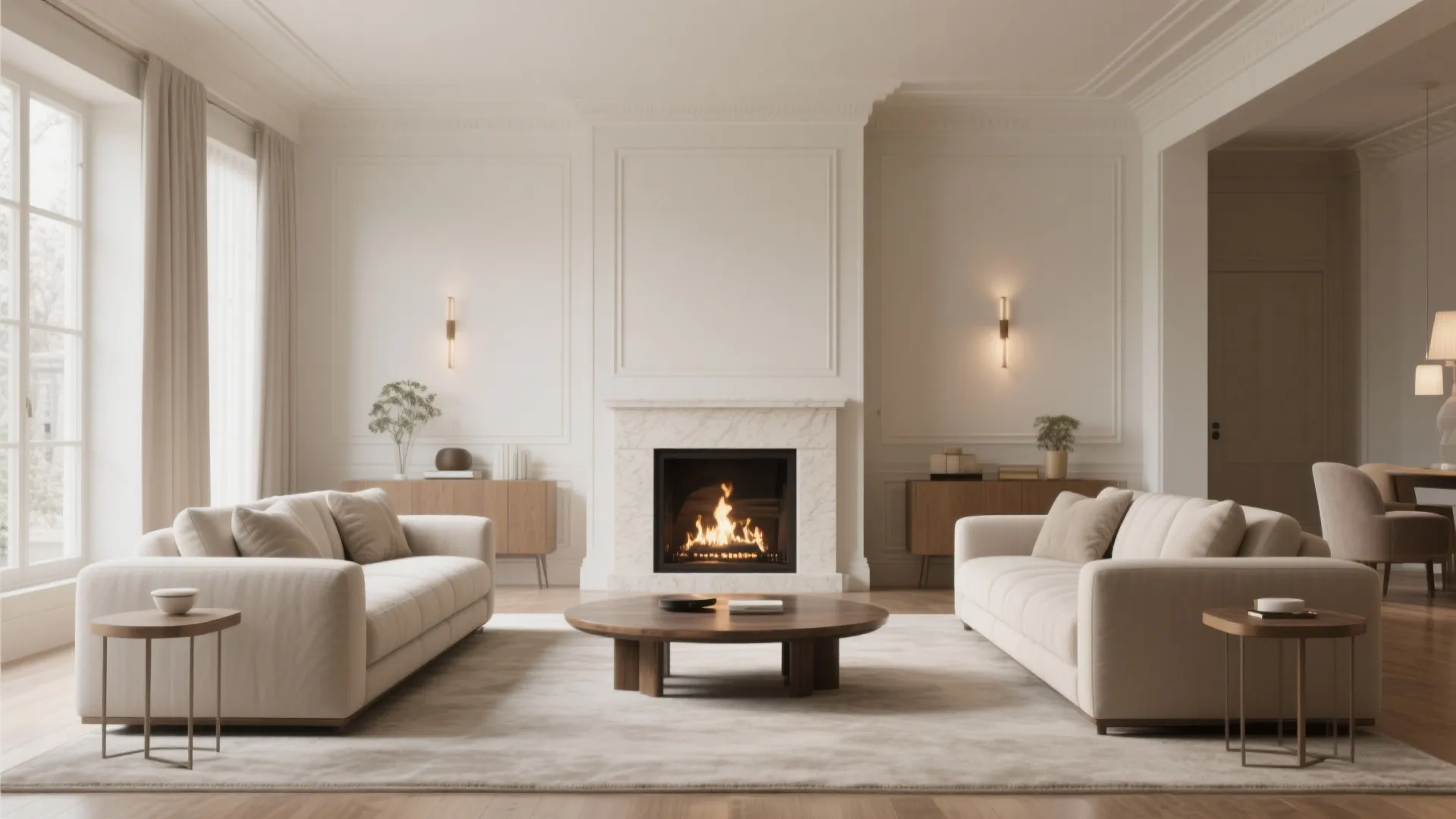 Symmetrical living room design with two white sofas facing a marble fireplace and round wood table