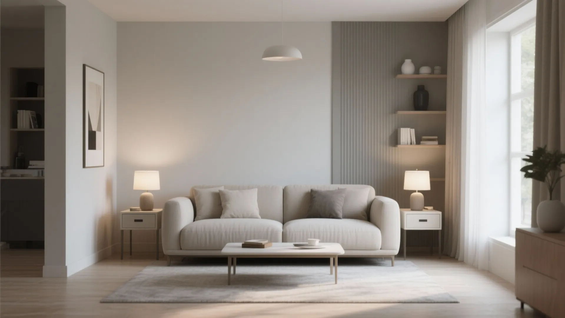 Symmetrical living room design with beige sofa white side tables table lamps and wall panels