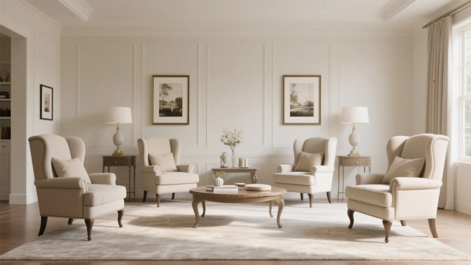 Formal living room with four beige chairs wood coffee table wall panels and symmetrical art