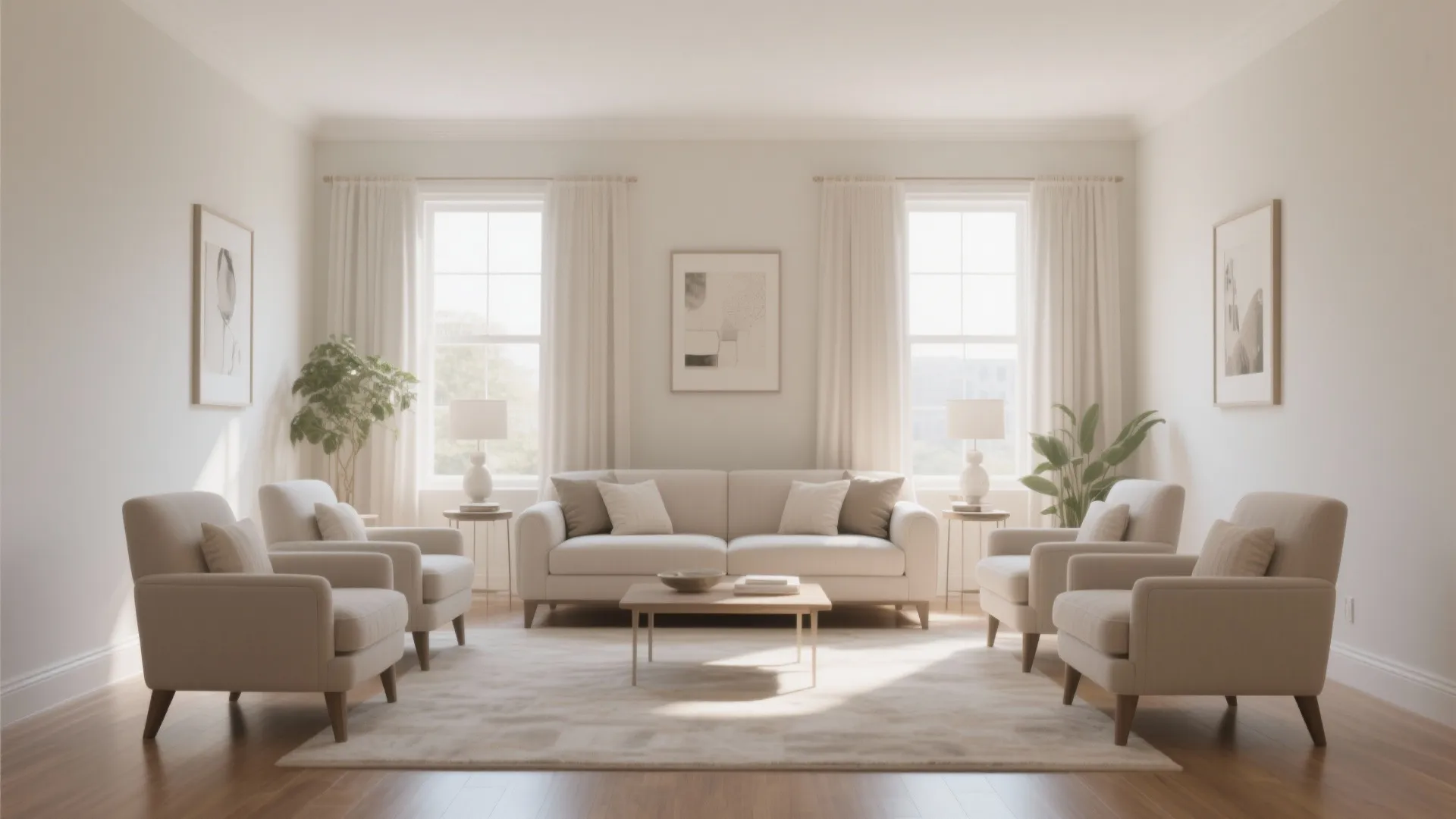 Symmetrical living room layout with two armchairs on each side of a central beige sofa
