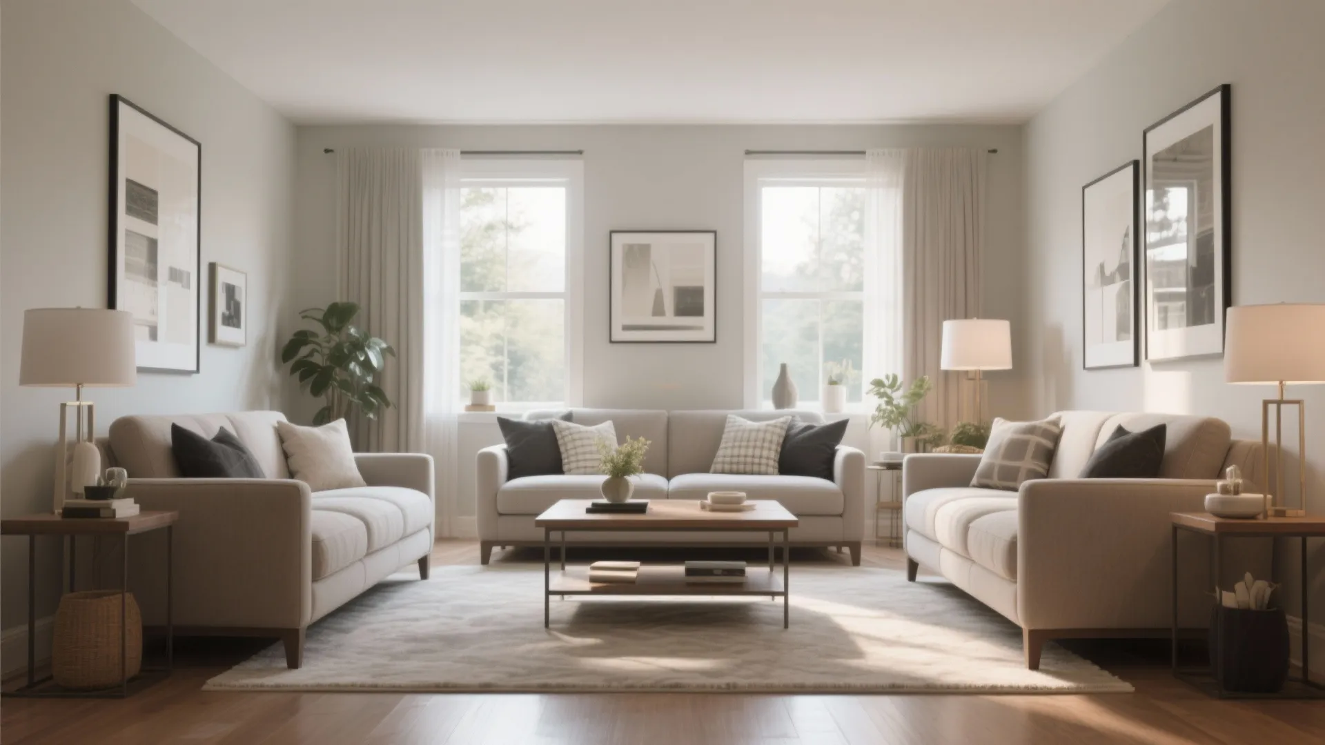 Symmetrical living room setup with three cream sofas arranged around a wooden coffee table and rug
