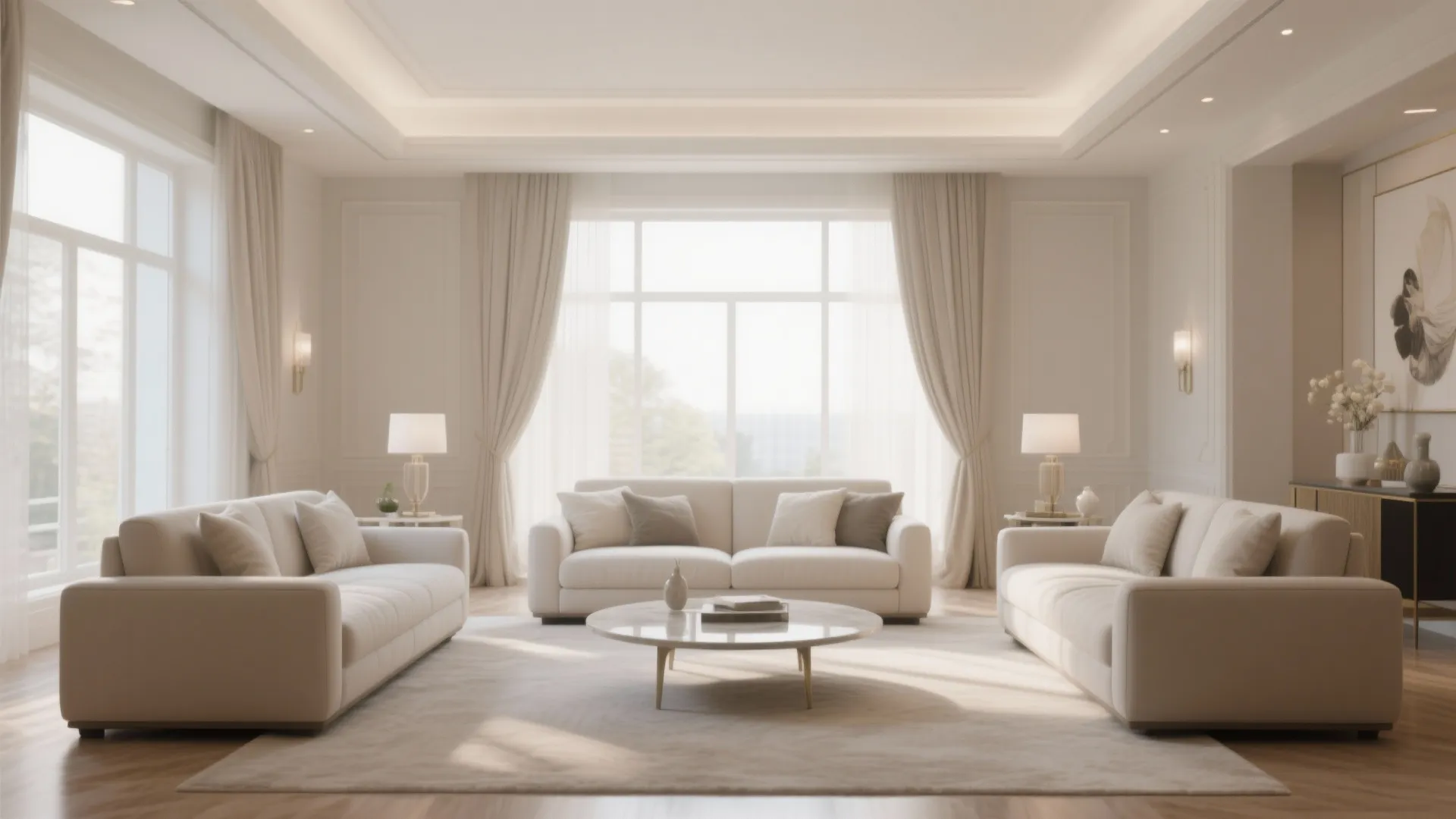 Elegant symmetrical living room with white sofas, round coffee table, large windows, and warm table lamps