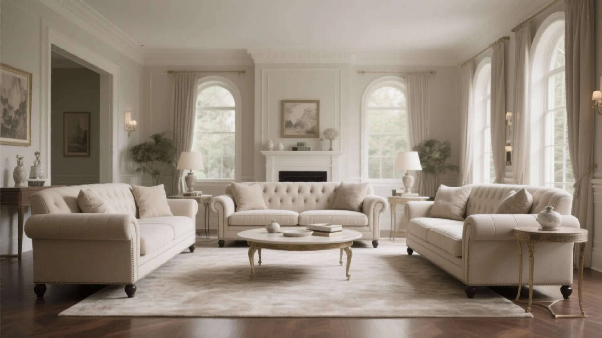 Symmetrical living room design with three cream sofas facing white marble table near the fireplace